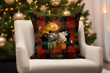 Yılbaşı Koleksiyonu- 45x45 cm Dikilmemiş 2’li Kırlent Paneli – Ekose Zemin Üzerinde Sevimli Kediler