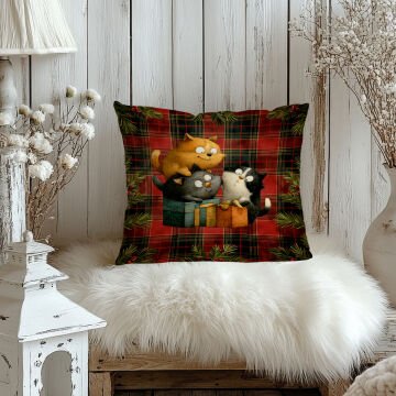 Yılbaşı Koleksiyonu- 45x45 cm Dikilmemiş 2’li Kırlent Paneli – Ekose Zemin Üzerinde Sevimli Kediler