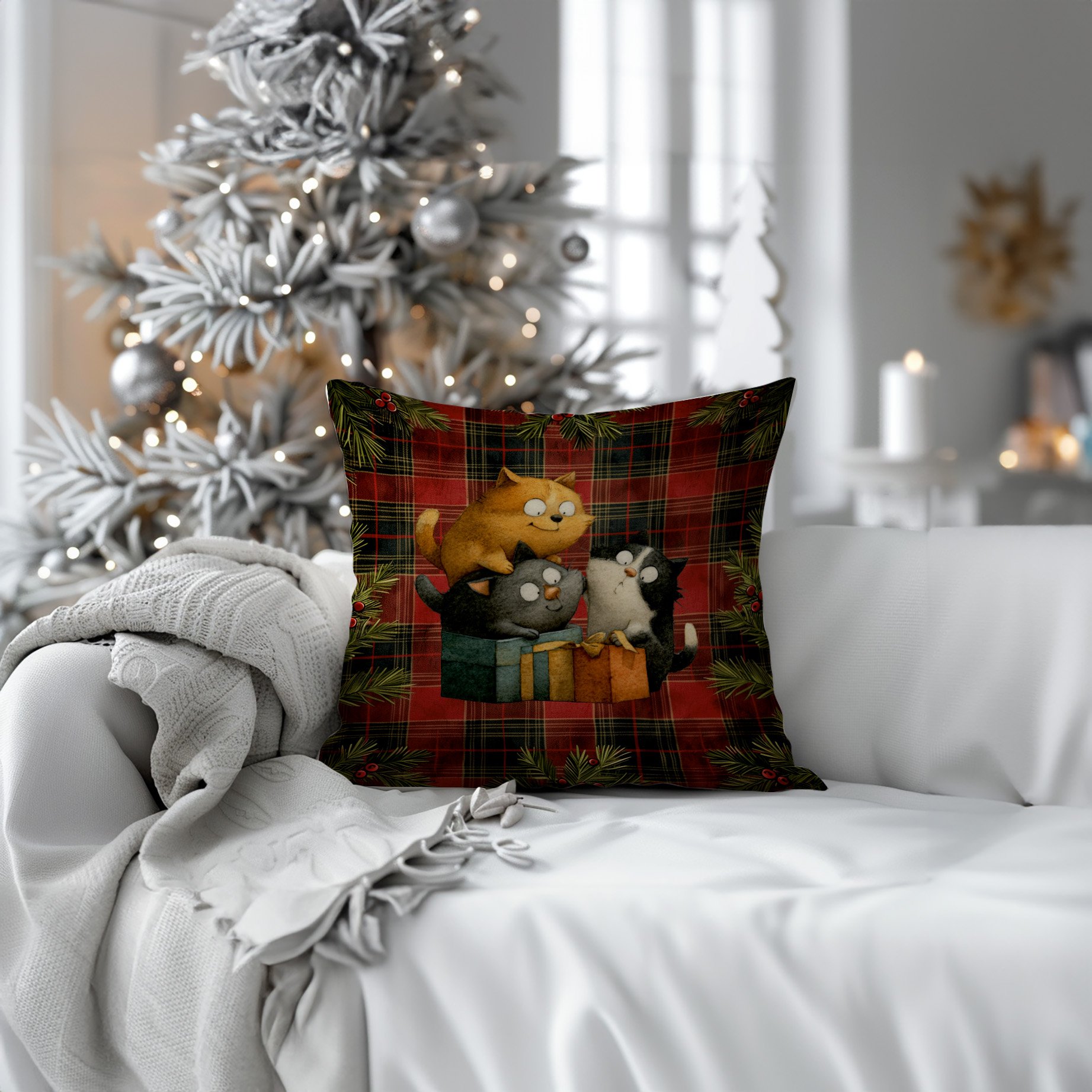 Yılbaşı Koleksiyonu- 45x45 cm Dikilmemiş 2’li Kırlent Paneli – Ekose Zemin Üzerinde Sevimli Kediler