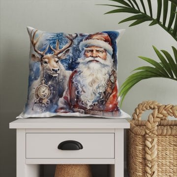 Yılbaşı Koleksiyonu- Christmas Santa Claus - Noel Baba ve Yılbaşı Geyikleri 2'li Kumaş Kırlent Paneli Dikilmemiş