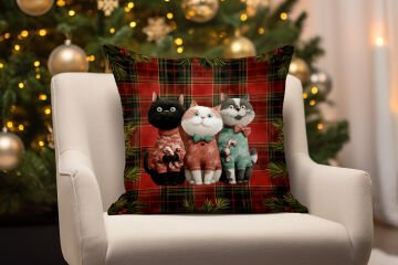 Yılbaşı Koleksiyonu- 45x45 cm Dikilmemiş 2’li Kırlent Paneli – Yılbaşı Ekose Zemin Üzerinde Sevimli Kediler