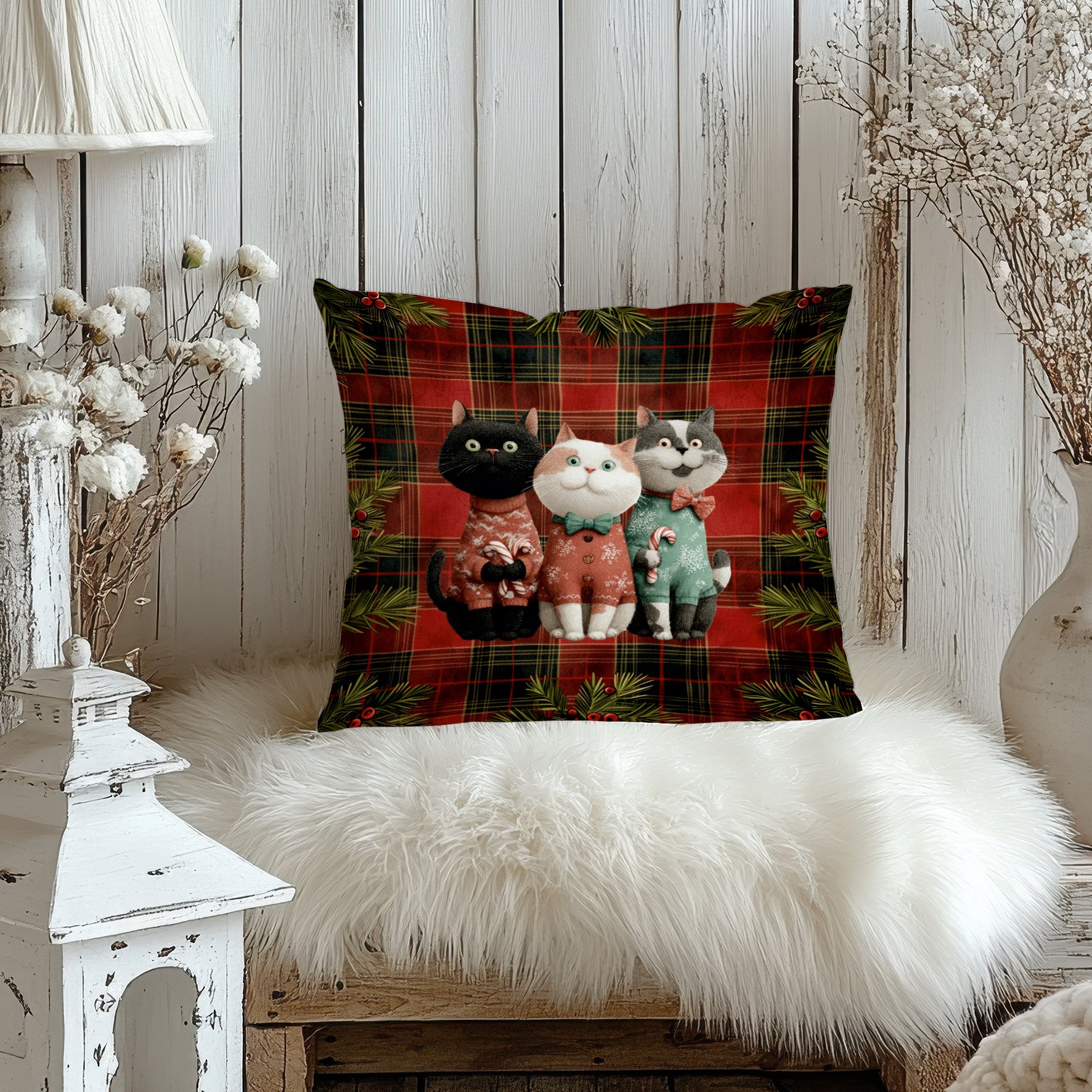 Yılbaşı Koleksiyonu- 45x45 cm Dikilmemiş 2’li Kırlent Paneli – Yılbaşı Ekose Zemin Üzerinde Sevimli Kediler