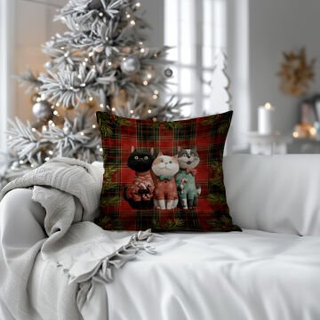 Yılbaşı Koleksiyonu- 45x45 cm Dikilmemiş 2’li Kırlent Paneli – Yılbaşı Ekose Zemin Üzerinde Sevimli Kediler