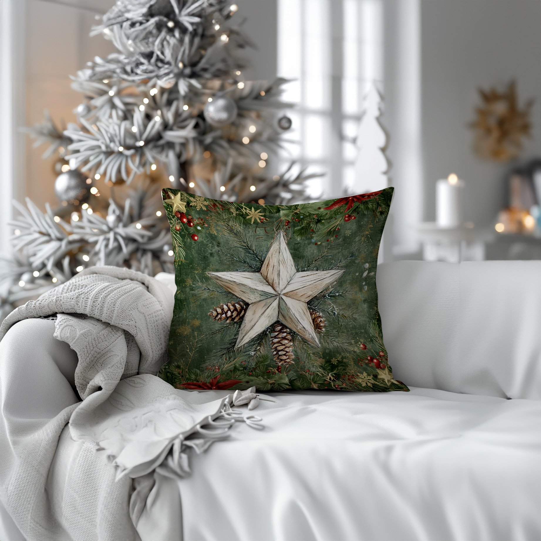 Yılbaşı Koleksiyonu- 45x45 cm Dikilmemiş 2’li Kırlent Paneli – Kozalak ve Yıldız