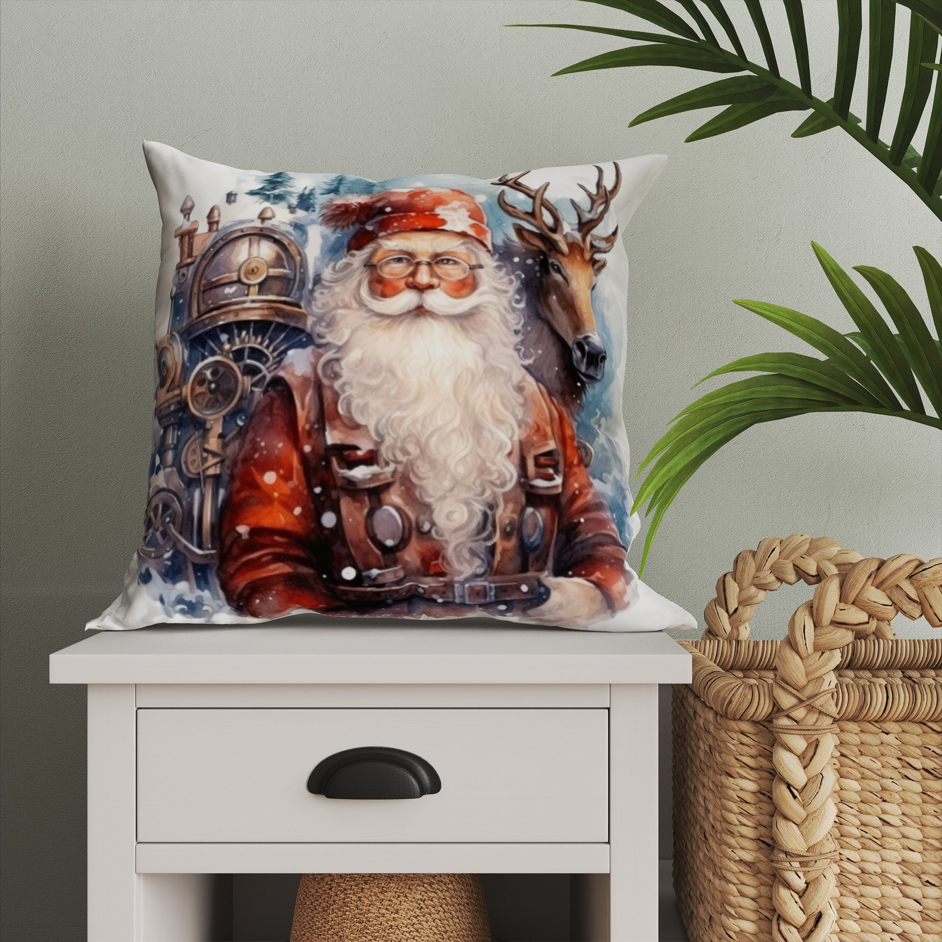 Yılbaşı Koleksiyonu- Christmas Santa Claus - Noel Baba ve Yılbaşı Geyikleri 2'li Kumaş Kırlent Paneli Dikilmemiş