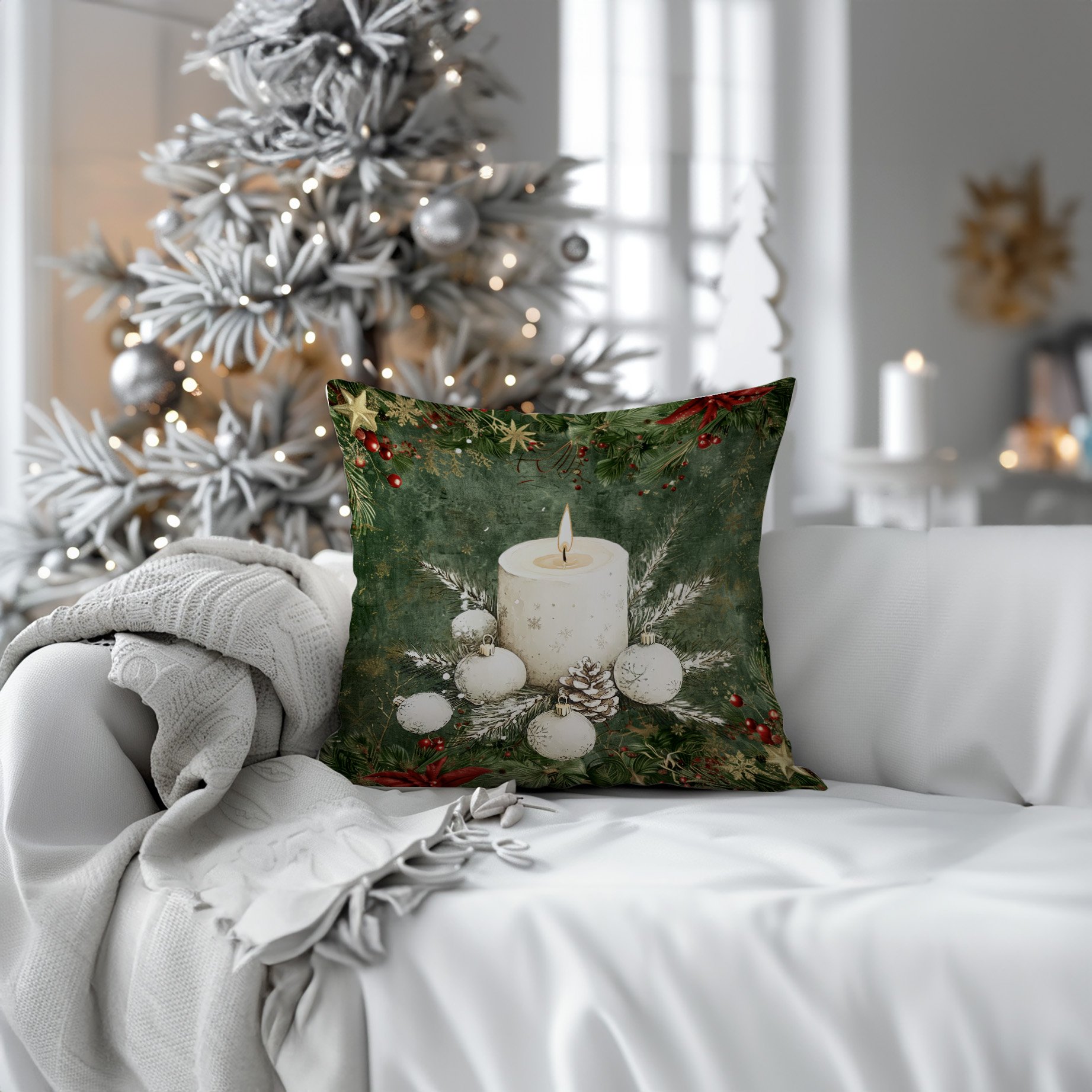 Yılbaşı Koleksiyonu- 45x45 cm Dikilmemiş 2’li Kırlent Paneli – Yılbaşı Dekor Mum Kozalak