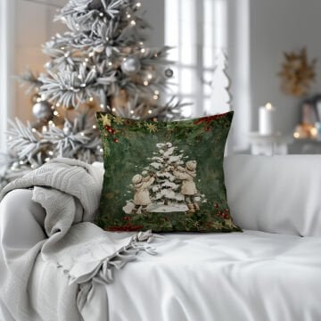 Yılbaşı Koleksiyonu- 45x45 cm Dikilmemiş 2’li Kırlent Paneli – Yılbaşı Ağacı ve Süsleyen Çocuklar