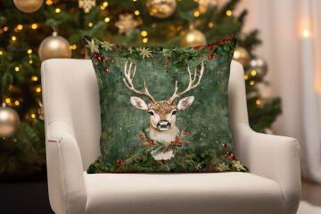 Yılbaşı Koleksiyonu- 45x45 cm Dikilmemiş 2’li Kırlent Paneli – Yılbaşı RenGeyiği ve Kokinalar