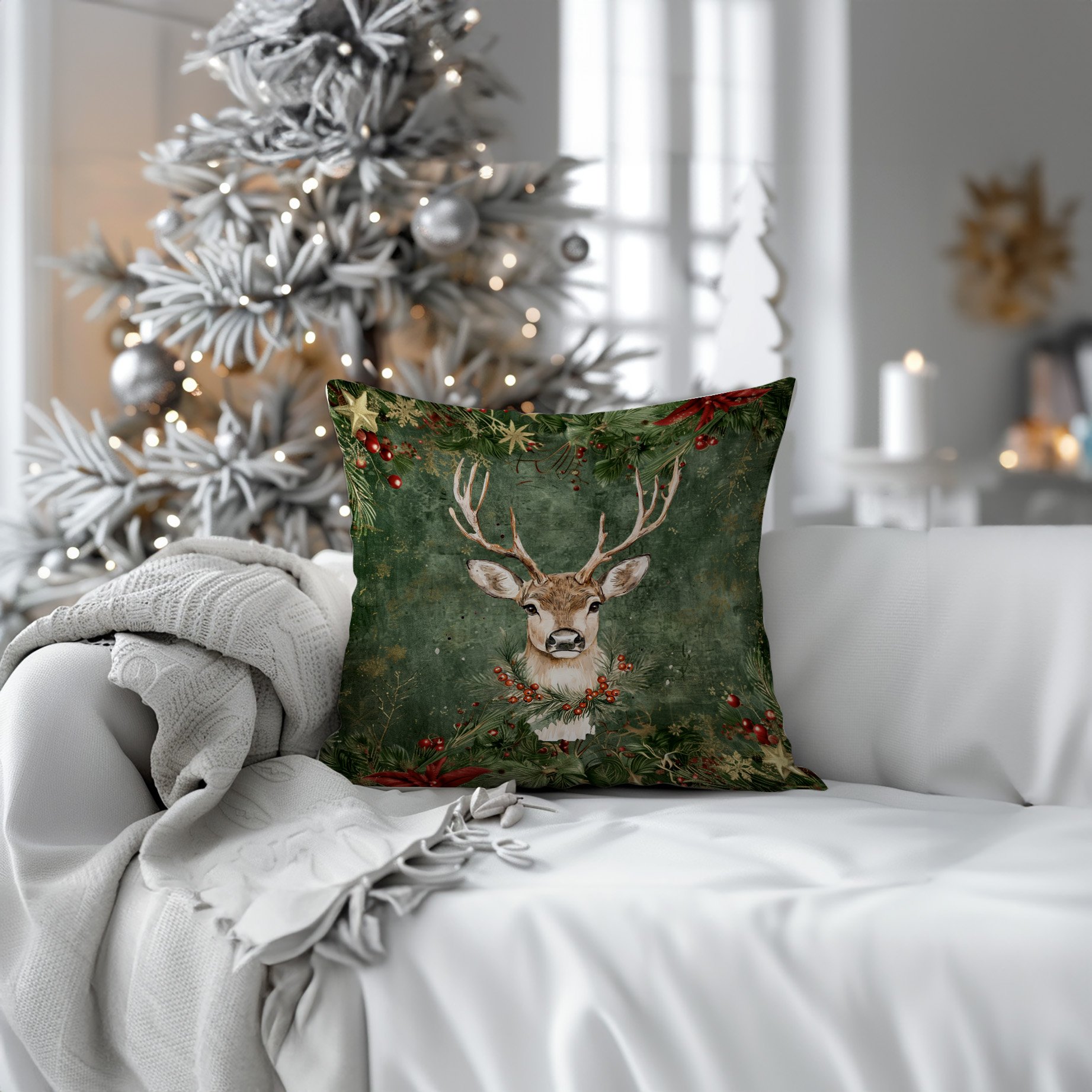 Yılbaşı Koleksiyonu- 45x45 cm Dikilmemiş 2’li Kırlent Paneli – Yılbaşı RenGeyiği ve Kokinalar