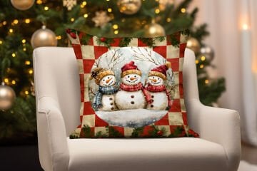 Yılbaşı Koleksiyonu- 45x45 cm Dikilmemiş 2’li Kırlent Paneli – Vintage Kareli Zemin Kardan Adamlar