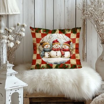 Yılbaşı Koleksiyonu- 45x45 cm Dikilmemiş 2’li Kırlent Paneli – Vintage Kareli Zemin Kardan Adamlar