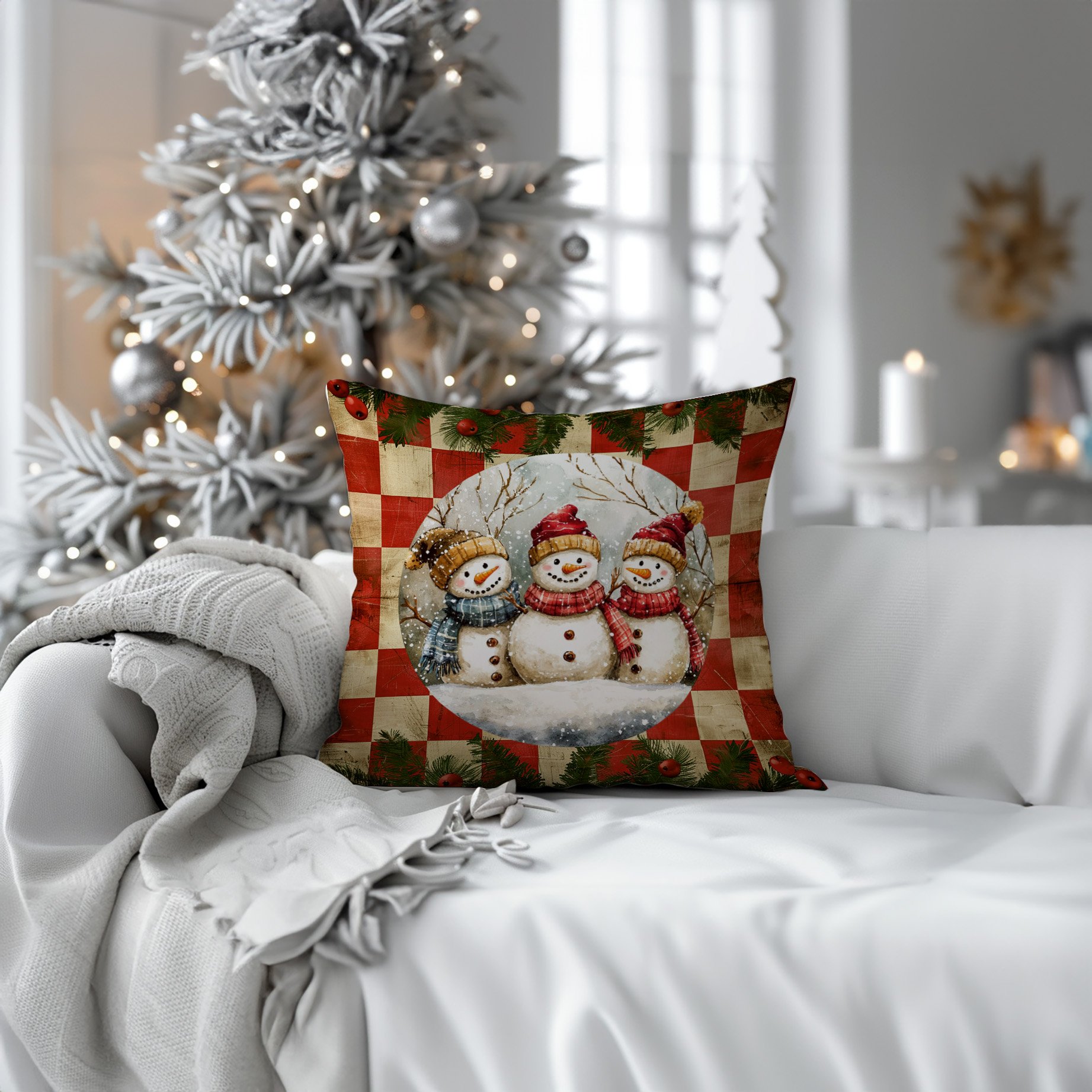 Yılbaşı Koleksiyonu- 45x45 cm Dikilmemiş 2’li Kırlent Paneli – Vintage Kareli Zemin Kardan Adamlar