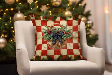 Yılbaşı Koleksiyonu- 45x45 cm Dikilmemiş 2’li Kırlent Paneli – Vintage Kareli Zemin Kokina Çiçek Sepeti