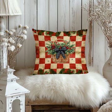 Yılbaşı Koleksiyonu- 45x45 cm Dikilmemiş 2’li Kırlent Paneli – Vintage Kareli Zemin Kokina Çiçek Sepeti