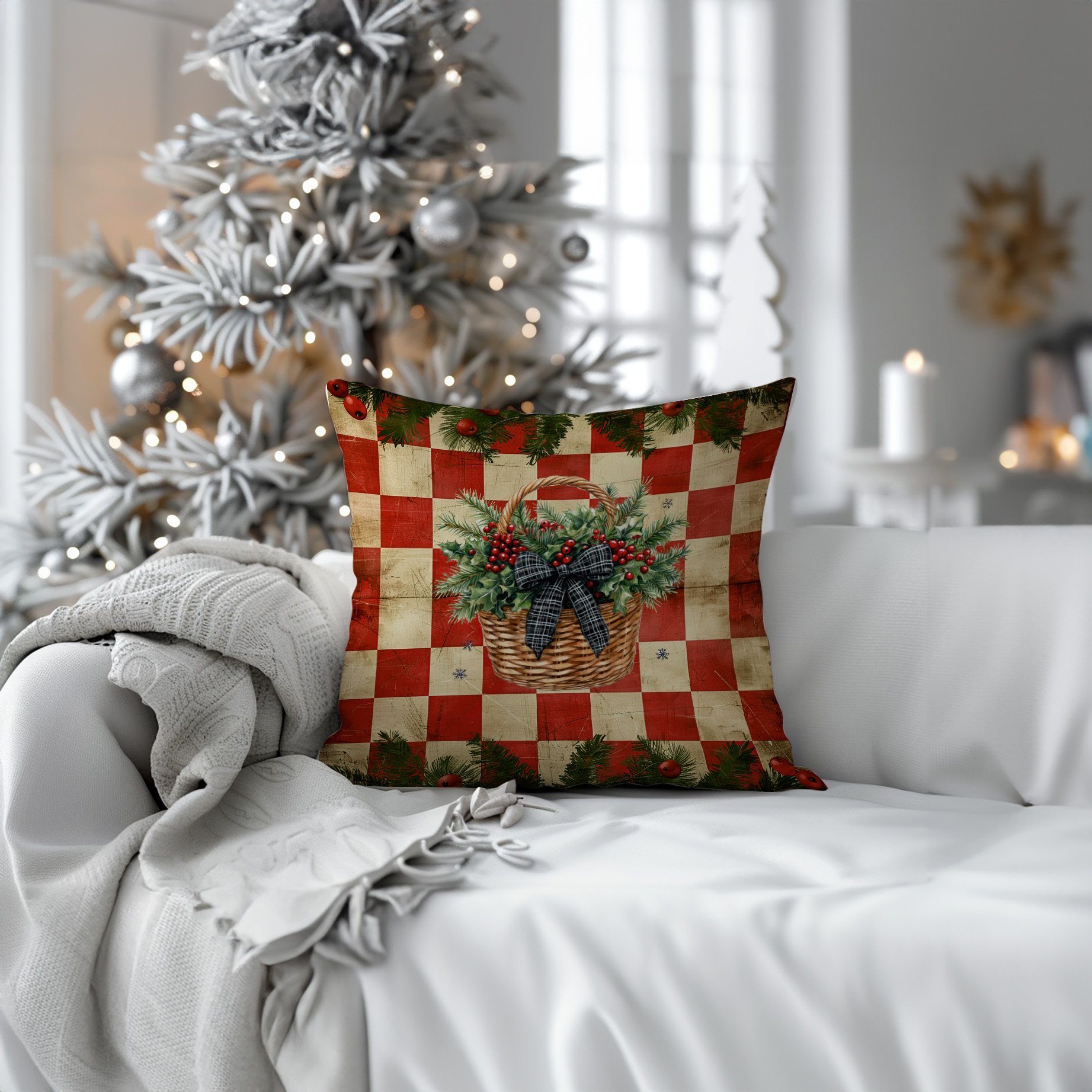 Yılbaşı Koleksiyonu- 45x45 cm Dikilmemiş 2’li Kırlent Paneli – Vintage Kareli Zemin Kokina Çiçek Sepeti