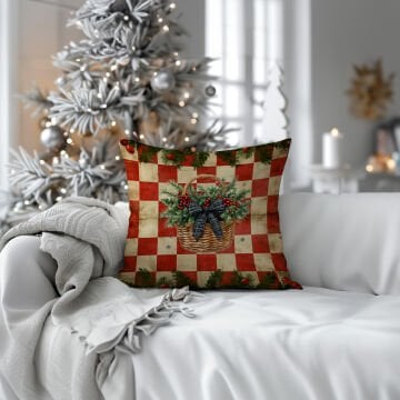 Yılbaşı Koleksiyonu- 45x45 cm Dikilmemiş 2’li Kırlent Paneli – Vintage Kareli Zemin Kokina Çiçek Sepeti