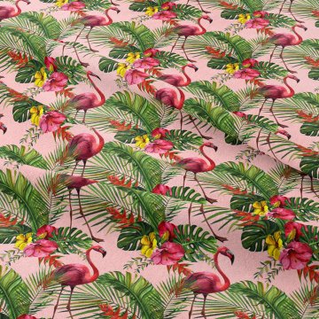 Tropikal Serisi-Devetabanı Yaprakları Arasında Pembe Flamingo Desenli Kumaş