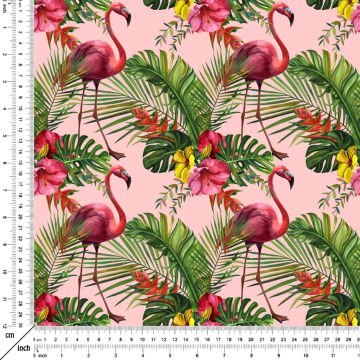 Tropikal Serisi-Devetabanı Yaprakları Arasında Pembe Flamingo Desenli Kumaş