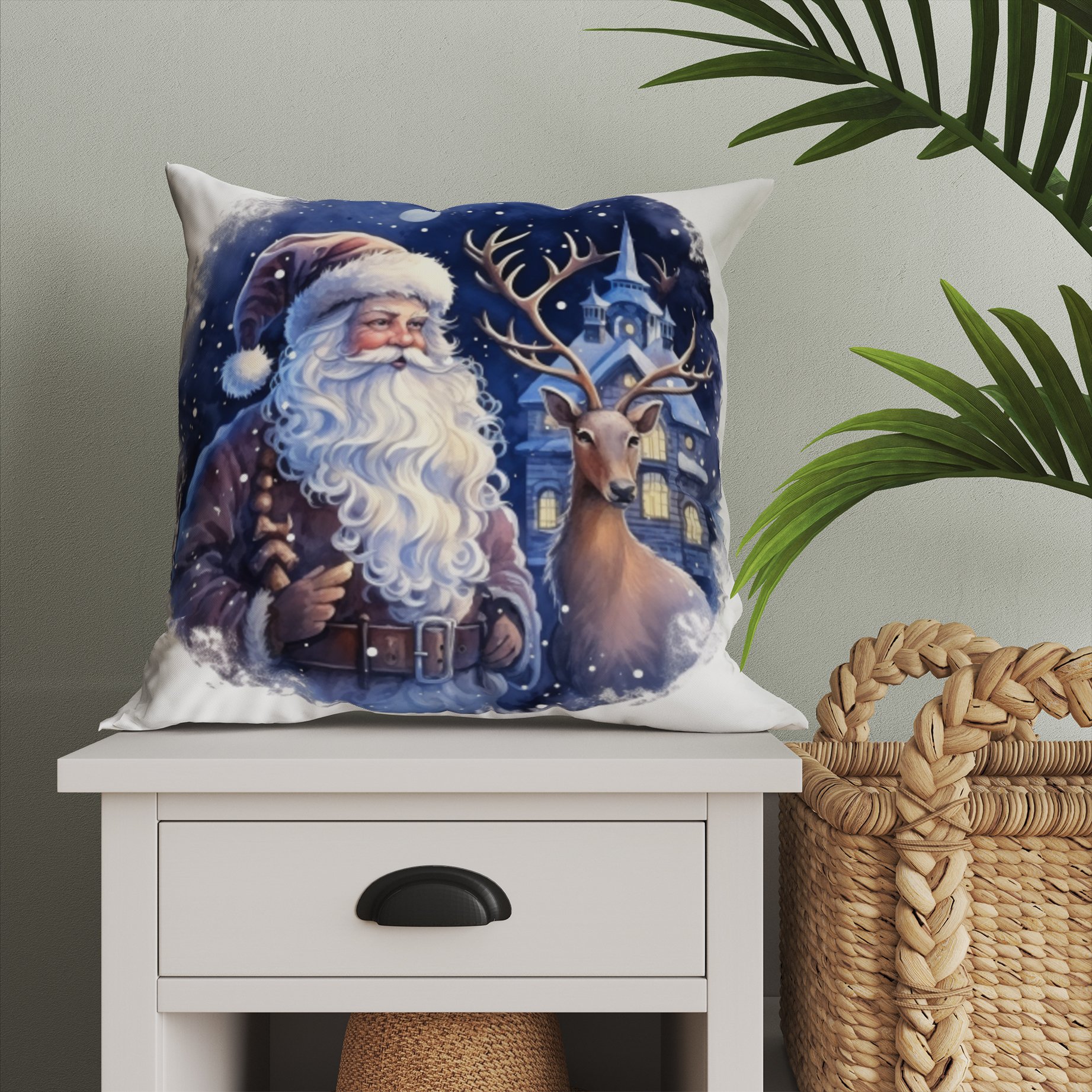 Yılbaşı Koleksiyonu- Christmas Santa Claus - Noel Baba ve Yılbaşı Geyikleri 2'li Kumaş Kırlent Paneli Dikilmemiş