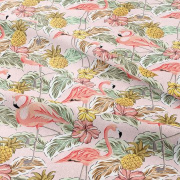 Tropikal Serisi- Flamingo ve Ananas Desenli Kumaş