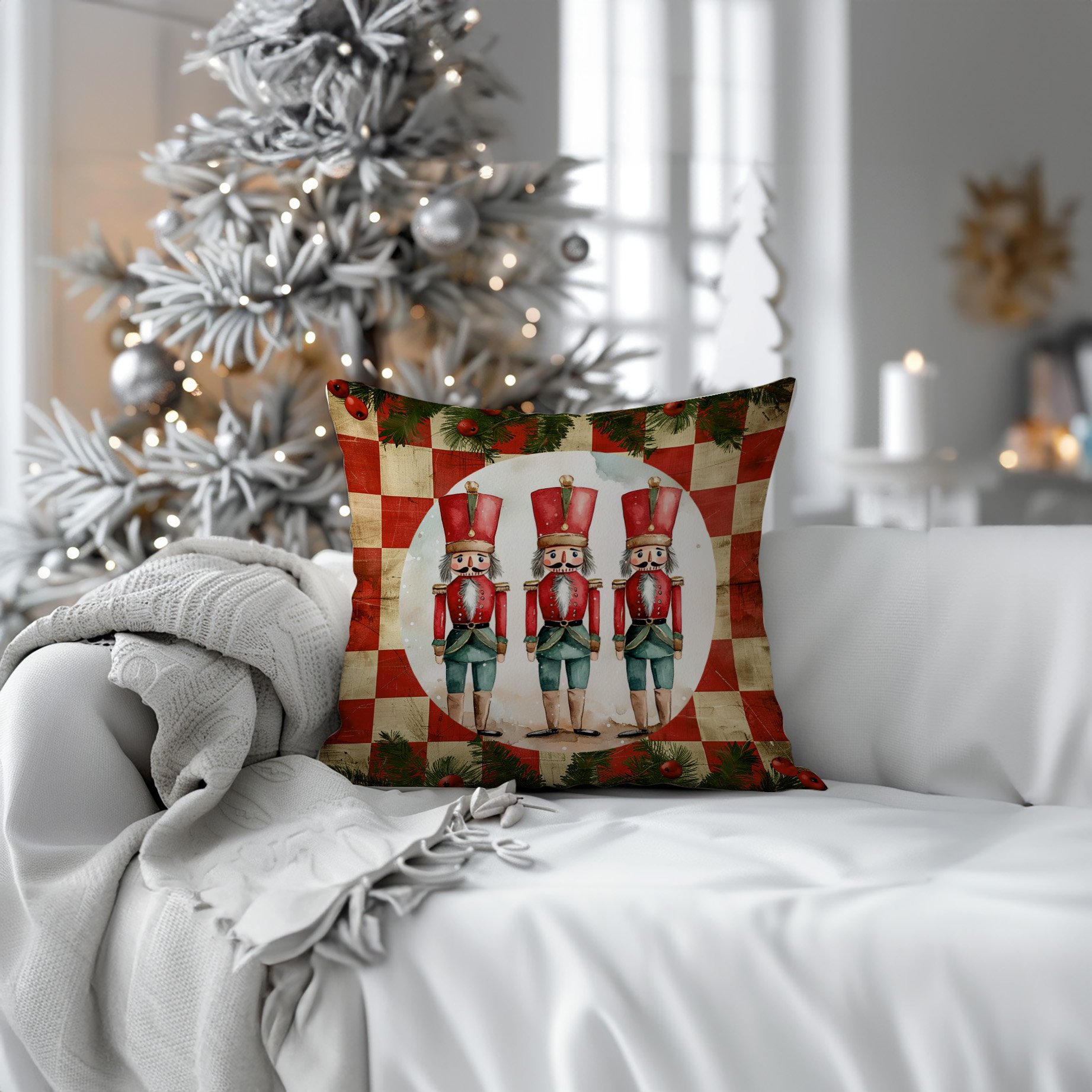 Yılbaşı Koleksiyonu- 45x45 cm Dikilmemiş 2’li Kırlent Paneli – Vintage Kareli Zemin Kurşun Askerler