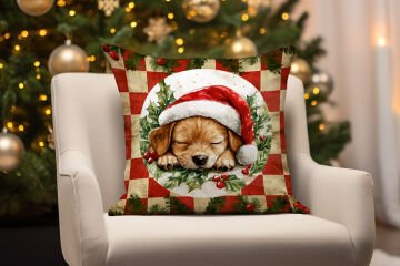 Yılbaşı Koleksiyonu- 45x45 cm Dikilmemiş 2’li Kırlent Paneli – Vintage Kareli Zemin Sevimli Köpek