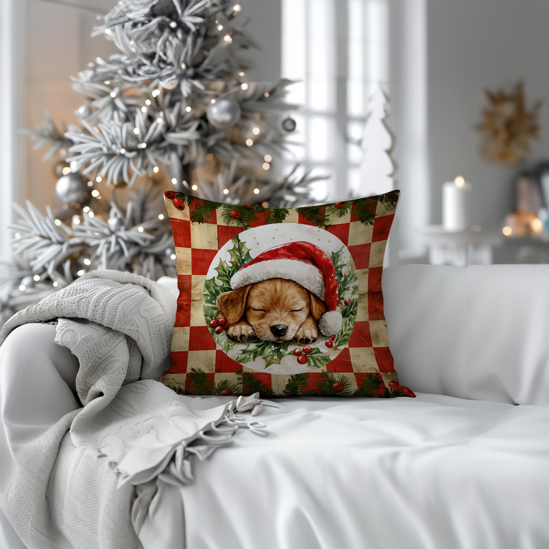 Yılbaşı Koleksiyonu- 45x45 cm Dikilmemiş 2’li Kırlent Paneli – Vintage Kareli Zemin Sevimli Köpek