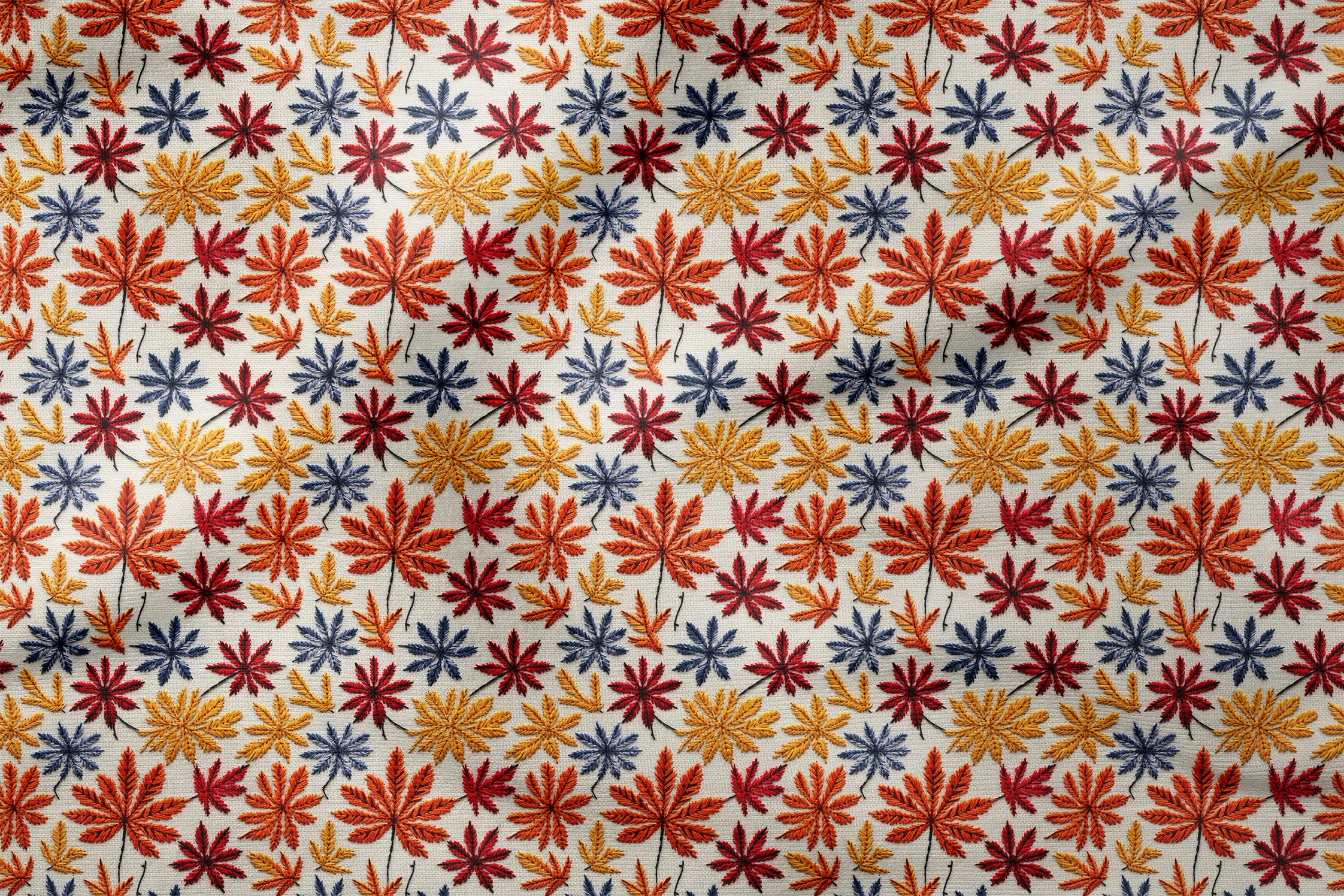 3D Sonbahar Yaprakları Desenli Dijital Baskılı Kumaş – Siyah Zemin