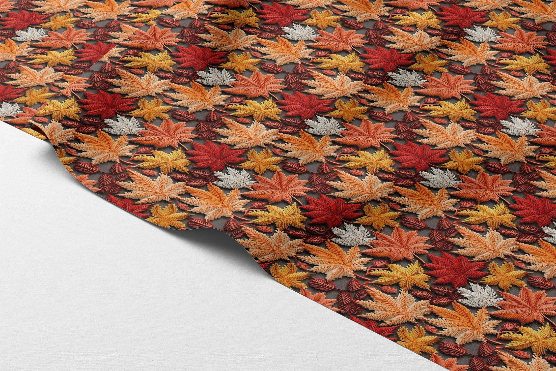 3D Sonbahar Yaprakları Desenli Dijital Baskılı Kumaş – Siyah Zemin