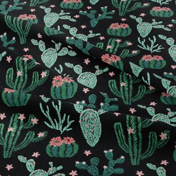 Kaktüs Serisi-Siyah Zeminli Nakışlı Efektli Kaktüs Kumaşı