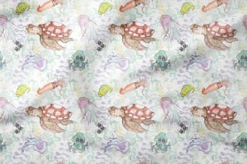 Многоцелевая декоративная ткань с цифровой печатью из летней коллекции с изображением морской черепахи, осьминога и рыбы на фоне листьев