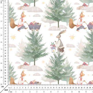 Happy Easter / Easter Collection Rabbits Distributing Gifts Among Pine Trees Multi-Purpose Decorative Digital Printing Fabric