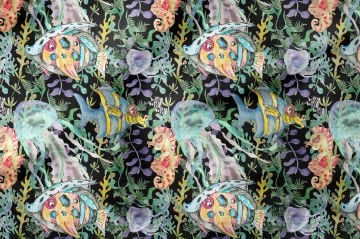 Летняя коллекция, многоцелевая декоративная ткань с цифровым принтом на черной основе с изображением рыб и осьминогов