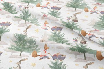 Happy Easter / Easter Collection Rabbits Distributing Gifts Among Pine Trees Multi-Purpose Decorative Digital Printing Fabric