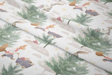 Happy Easter / Easter Collection Rabbits Distributing Gifts Among Pine Trees Multi-Purpose Decorative Digital Printing Fabric