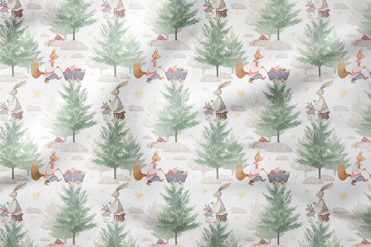 Happy Easter / Easter Collection Rabbits Distributing Gifts Among Pine Trees Multi-Purpose Decorative Digital Printing Fabric