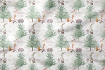 Happy Easter / Easter Collection Rabbits Distributing Gifts Among Pine Trees Multi-Purpose Decorative Digital Printing Fabric