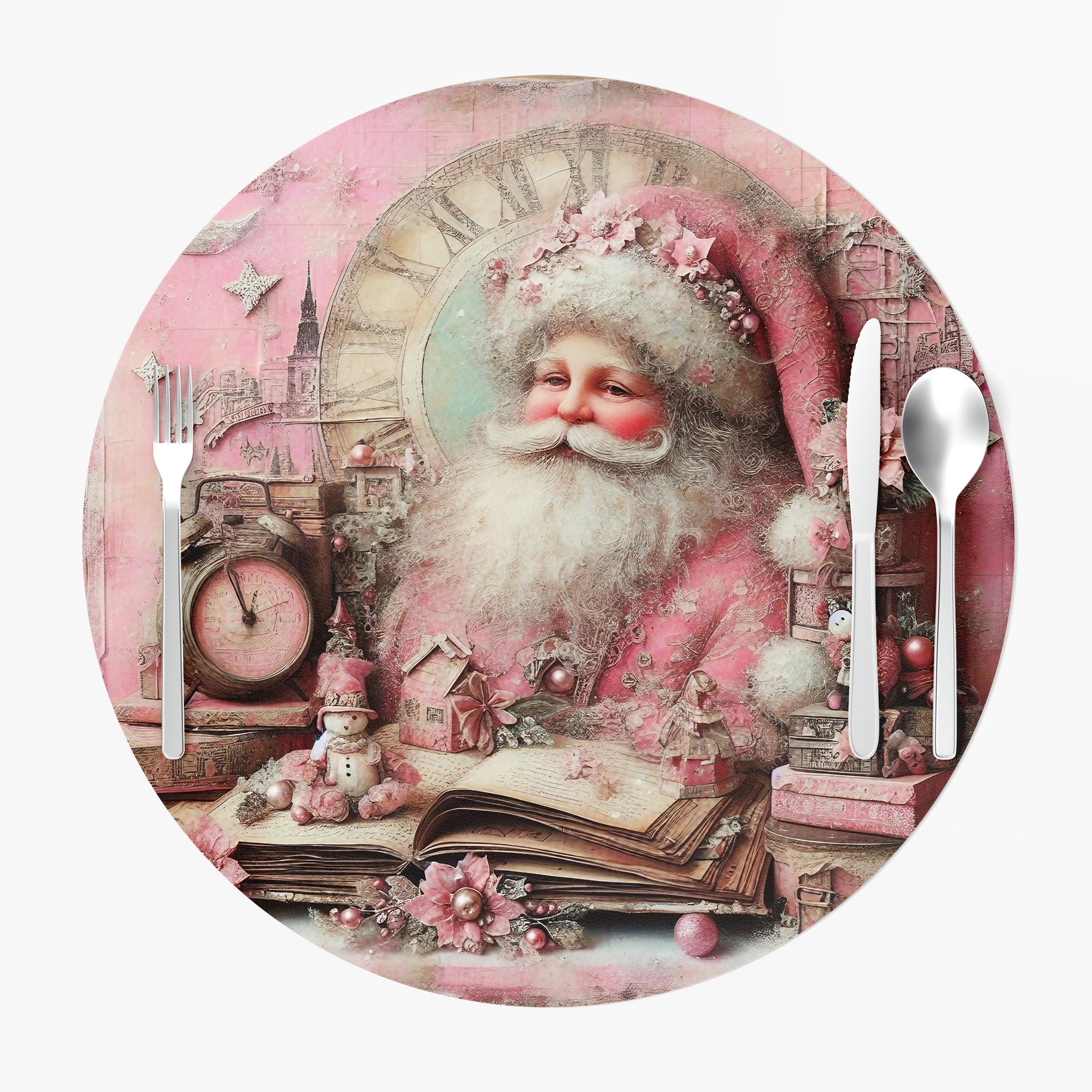Yılbaşı Koleksiyonu- Servis Suplası Vintage Christmas Noel Baba 3'lü Set Kumaşı Dikilmemiş