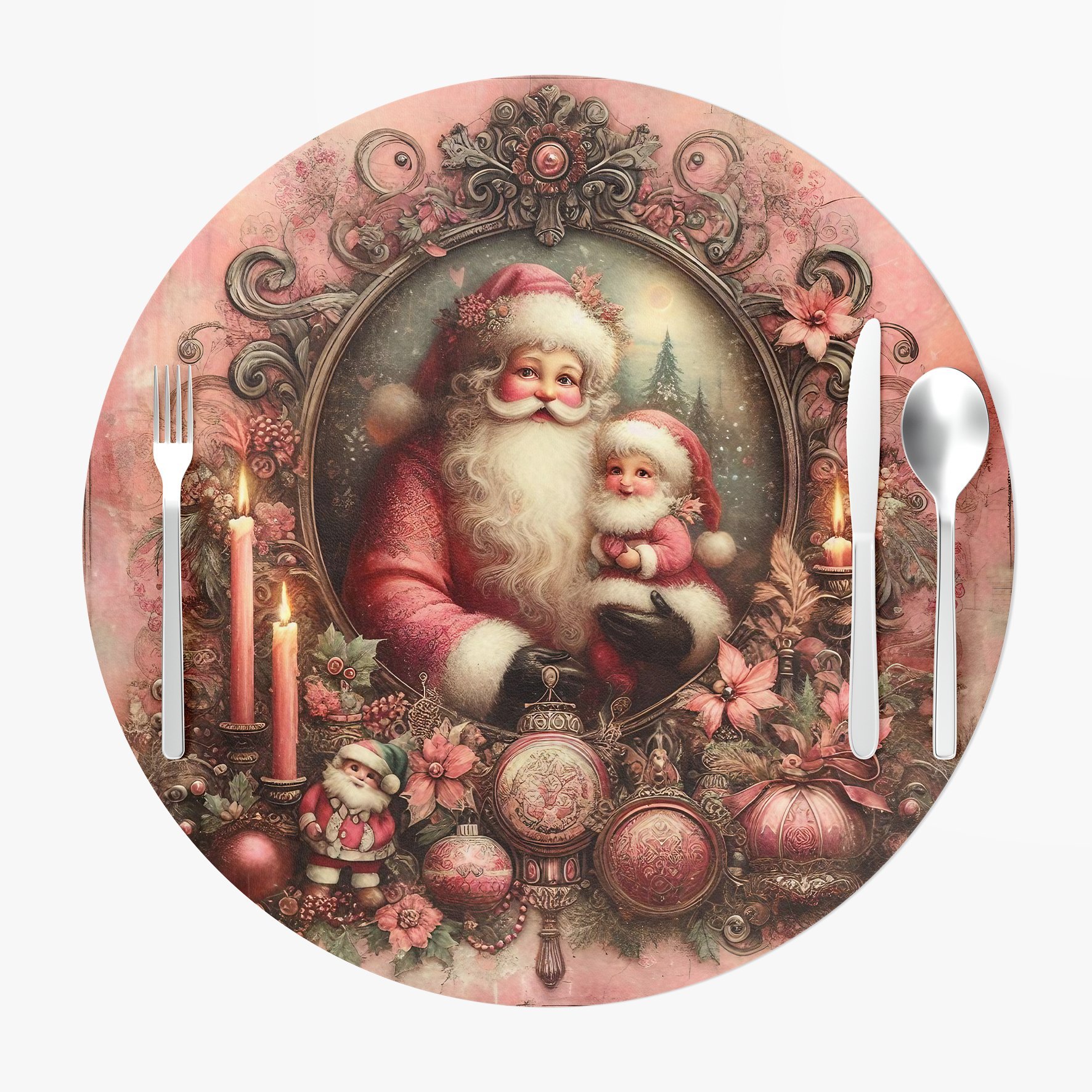 Yılbaşı Koleksiyonu- Servis Suplası Vintage Christmas Noel Baba 3'lü Set Kumaşı Dikilmemiş