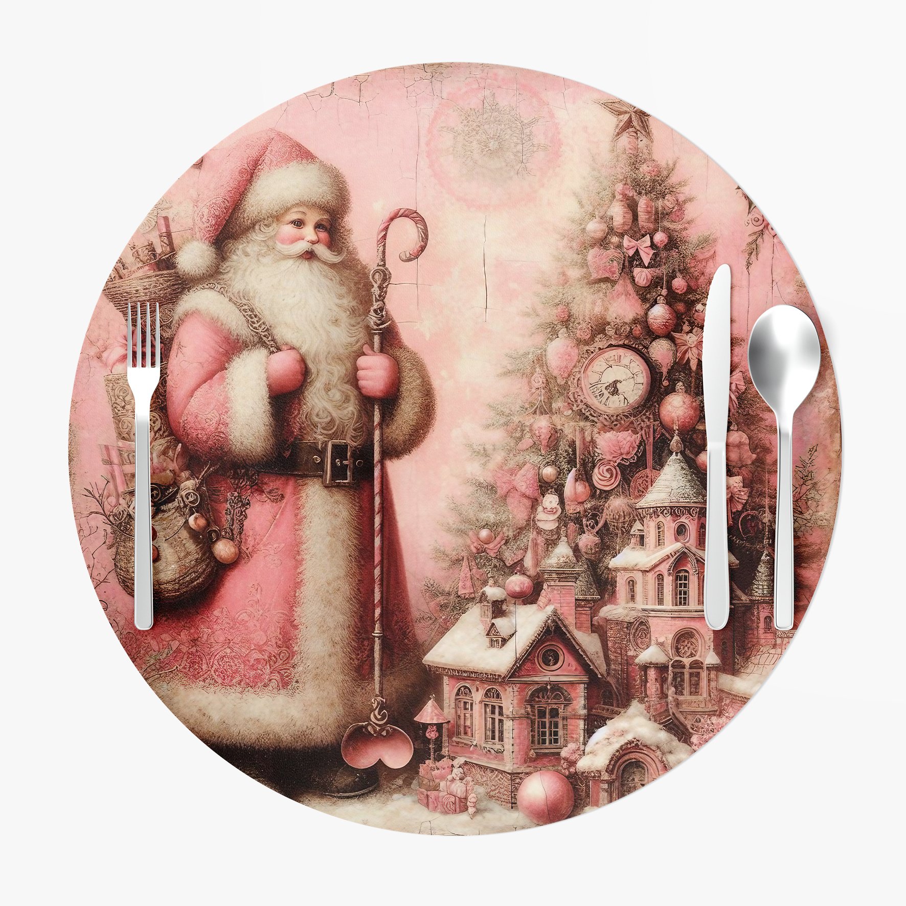 Yılbaşı Koleksiyonu- Servis Suplası Vintage Christmas Noel Baba 3'lü Set Kumaşı Dikilmemiş