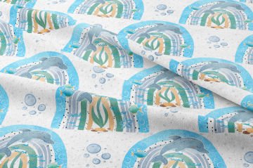 Summer Collection Multi-Purpose Decorative Digital Print Fabric with Dolphins in Rainbows on White Background