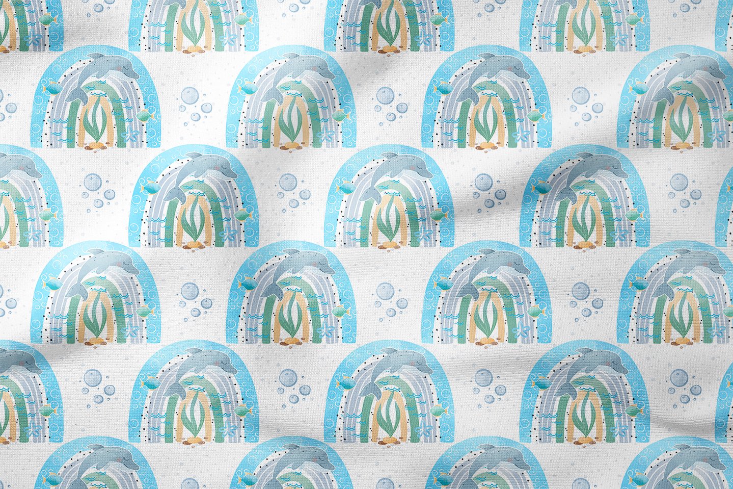 Summer Collection Multi-Purpose Decorative Digital Print Fabric with Dolphins in Rainbows on White Background