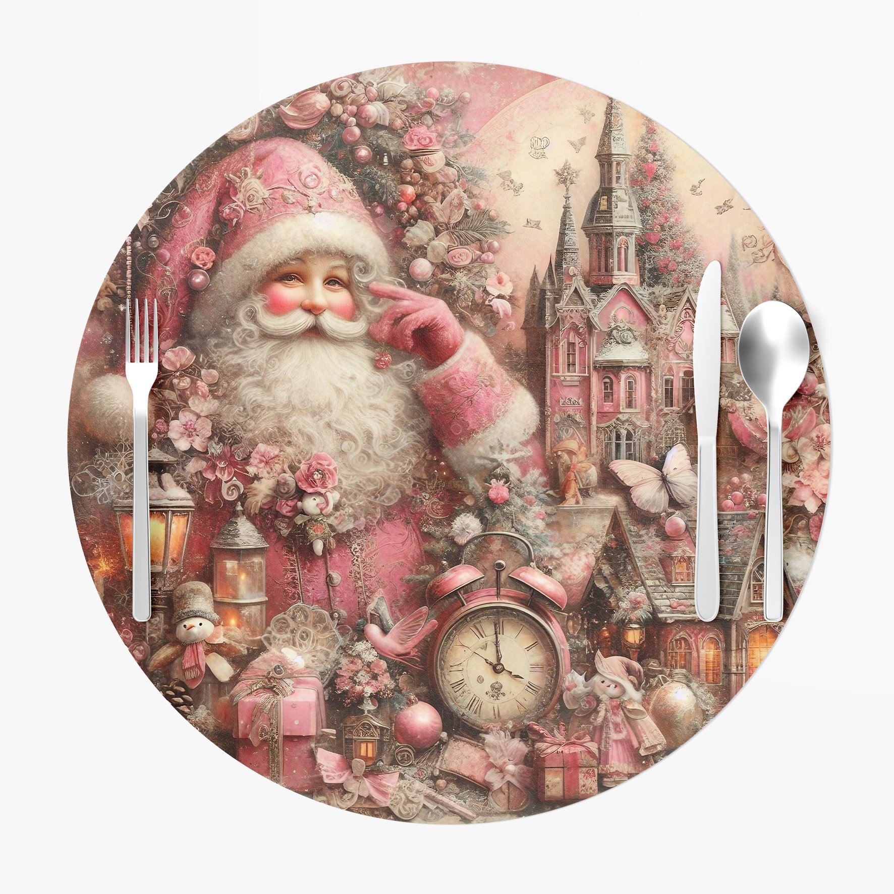 Yılbaşı Koleksiyonu- Servis Suplası Vintage Christmas Noel Baba 3'lü Set Kumaşı Dikilmemiş