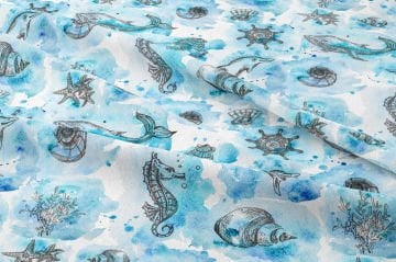 Deniz Temalı Sulu Boya Kumaş