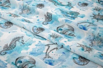 Deniz Temalı Sulu Boya Kumaş