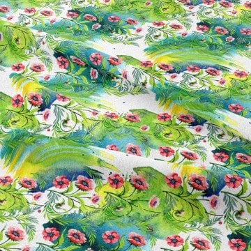 Suluboya Kırmızı Haşhaş ve Yaprakları Desenli Kumaş