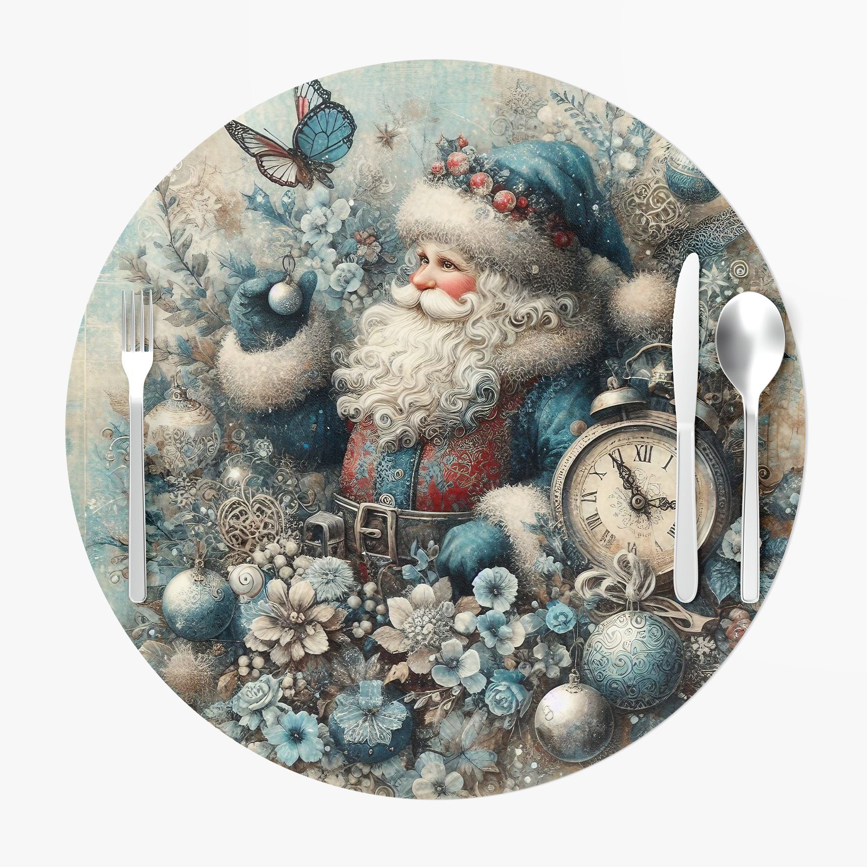 Yılbaşı Koleksiyonu- Servis Suplası Vintage Christmas Noel Baba 3'lü Set Kumaşı Dikilmemiş