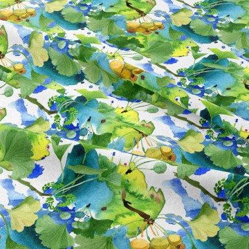 Suluboya Yeşil Ginkgo Biloba Yaprakları Kumaşı