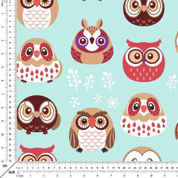 Turkuaz Zemin Üzerine Sevimli Baykuşlar Desenli Dijital Baskılı Kumaş