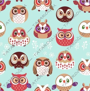 Ткань с цифровой печатью и милым рисунком сов на бирюзовом фоне